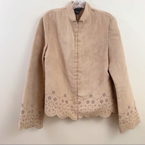 Vintage Tops - The Limited Y2K Flower Eyelet Bell Sleeved Faux Leather Scalloped Hem Tan Jacket
